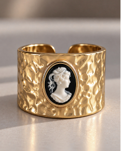 Gehämmerter Vintage Ring, Breiter Goldring Damen, Statement Ring, Kamee Ring Gold, Viktorianischer Stil, Besondere Geschenke für Sie